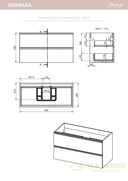 тумба 100 см visobath granada 87527/ceniza 2 ящика c черными ручками, пепельный матовый лак (ceniza)
